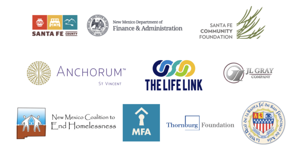 The logos of Santa Fe County, NM Department of Finance & Administration, Santa Fe Community Foundation, Anchorum St Vincent, The Life Link, JL Gray Company, New Mexico Coalition To End Homelessness, MFA, Thornburg Foundation, and the City of Santa Fe